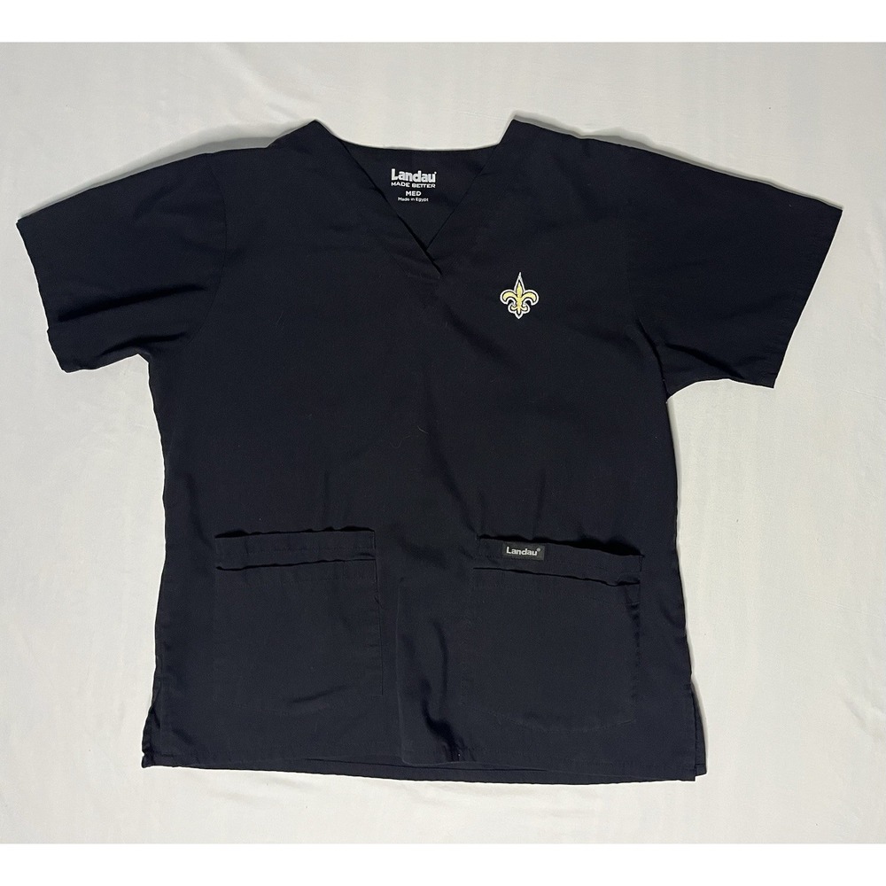 Landau New Orleans Saints Scrub Top Men's Medium Black Short Sleeve Embroidered